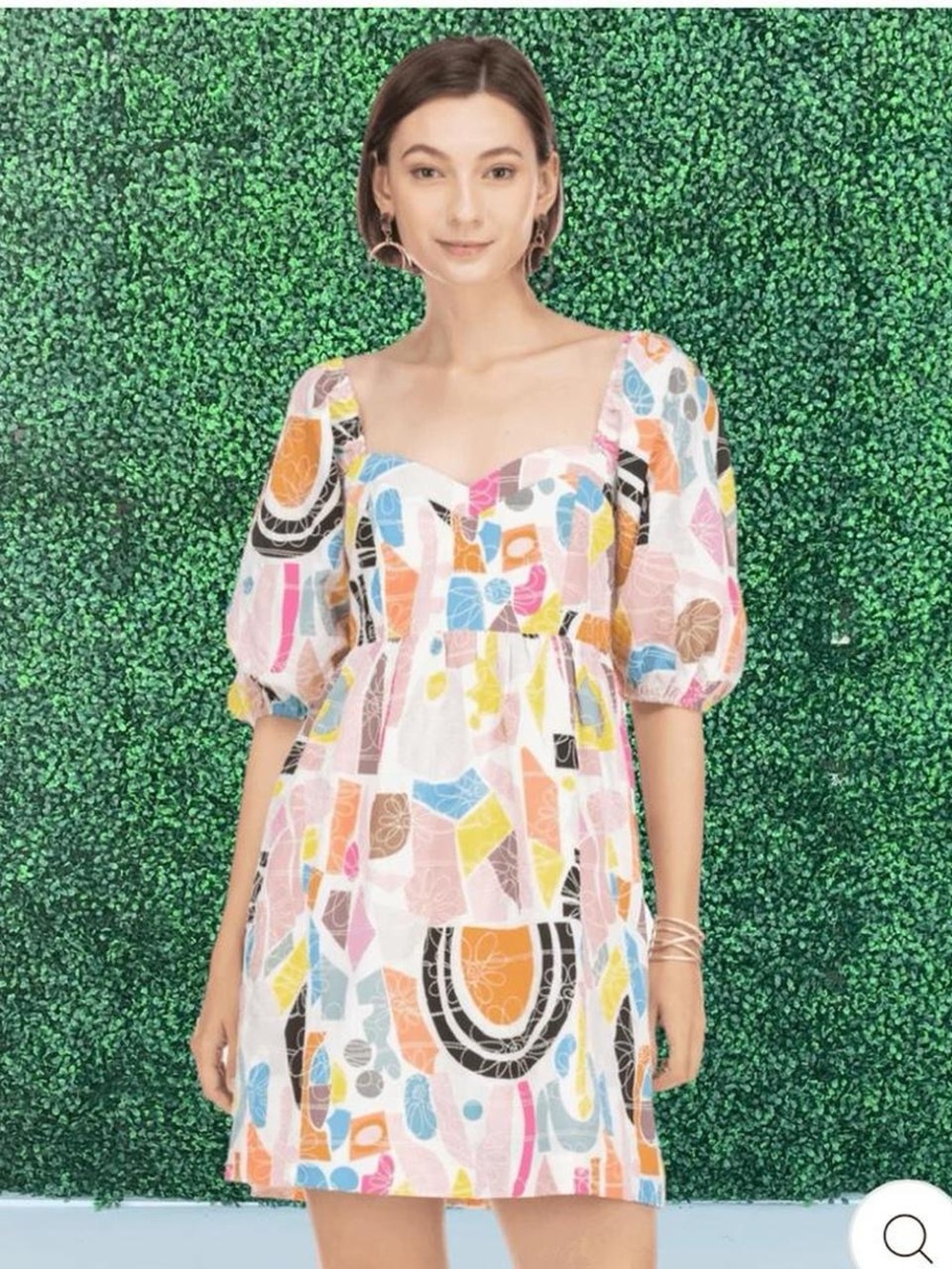 NWOT Joy joy geometric colorful embroidered puff sleeve mini dress small